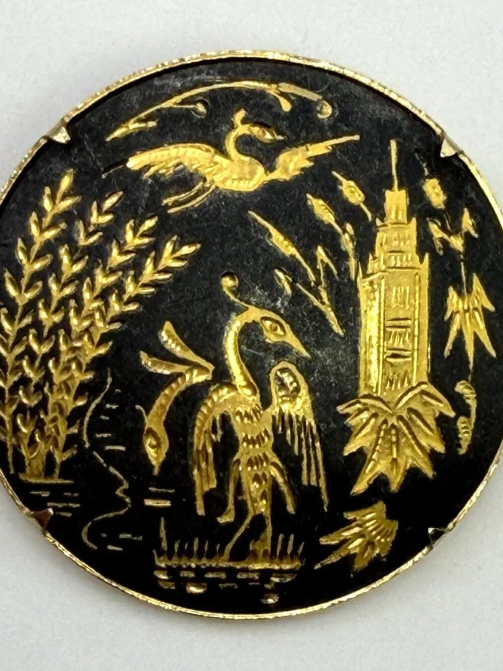 Vintage Damascene Brooch Black Crane Water Cattails Trombone Clasp